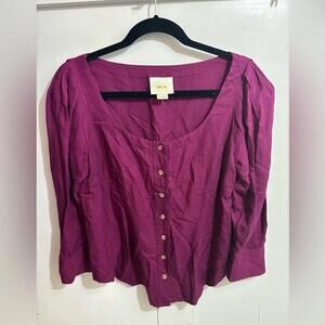 Maeve Anthropologie Solange Berry Purple Button Front Puff Sleeve Top 6 Wrinkled